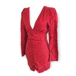 NWT ZARA Red V Neck Rushed Mini Long Sleeve Dress XS